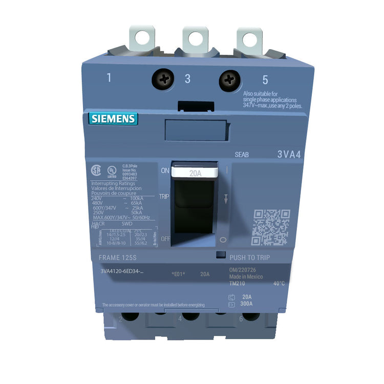 3VA4120-6ED34-0AA0 | Siemens 20A 3-Pole Molded Case Circuit Breaker 65kA@480V