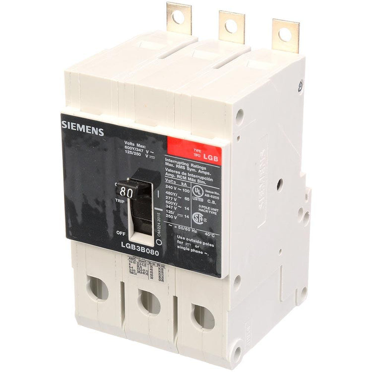 LGB3B080B | Siemens 80A 3-Pole 600V Molded Case Circuit Breaker, Bolt-On, VL Series