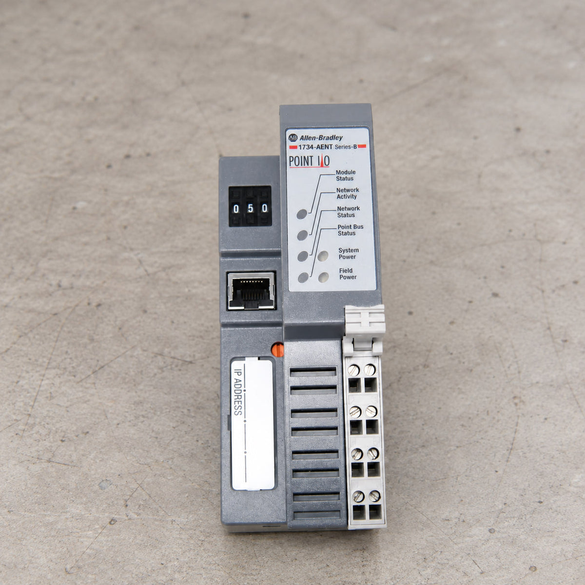 1734-AENT POINT I/O EtherNet/IP adapter, Series B, thumbwheels set to 050