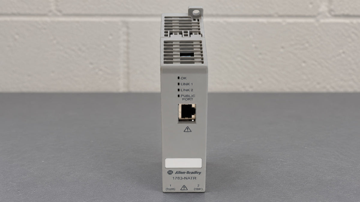 Allen-Bradley 1783-NATR NAT router, front view with status lights and the public Ethernet port