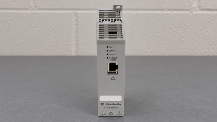 Allen-Bradley 1783-NATR NAT router, front view with status lights and the public Ethernet port