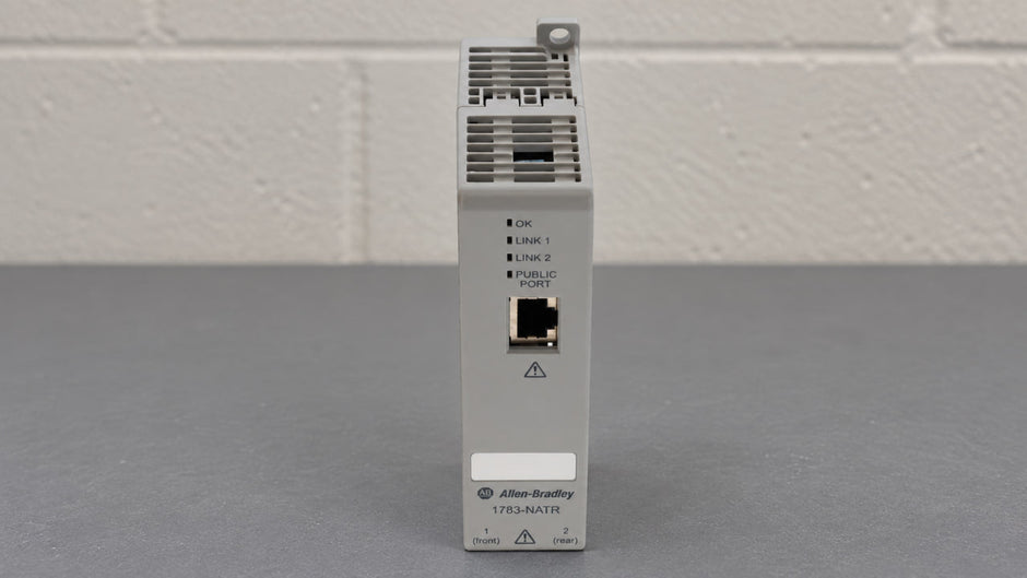 Allen-Bradley 1783-NATR NAT router, front view with status lights and the public Ethernet port
