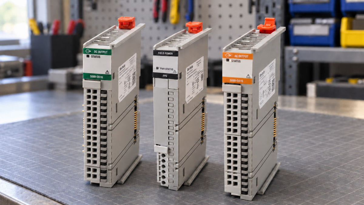 5069-FPD field potential distributor between a 5069-OB16 DC output module and a 5069-OA16 AC output module