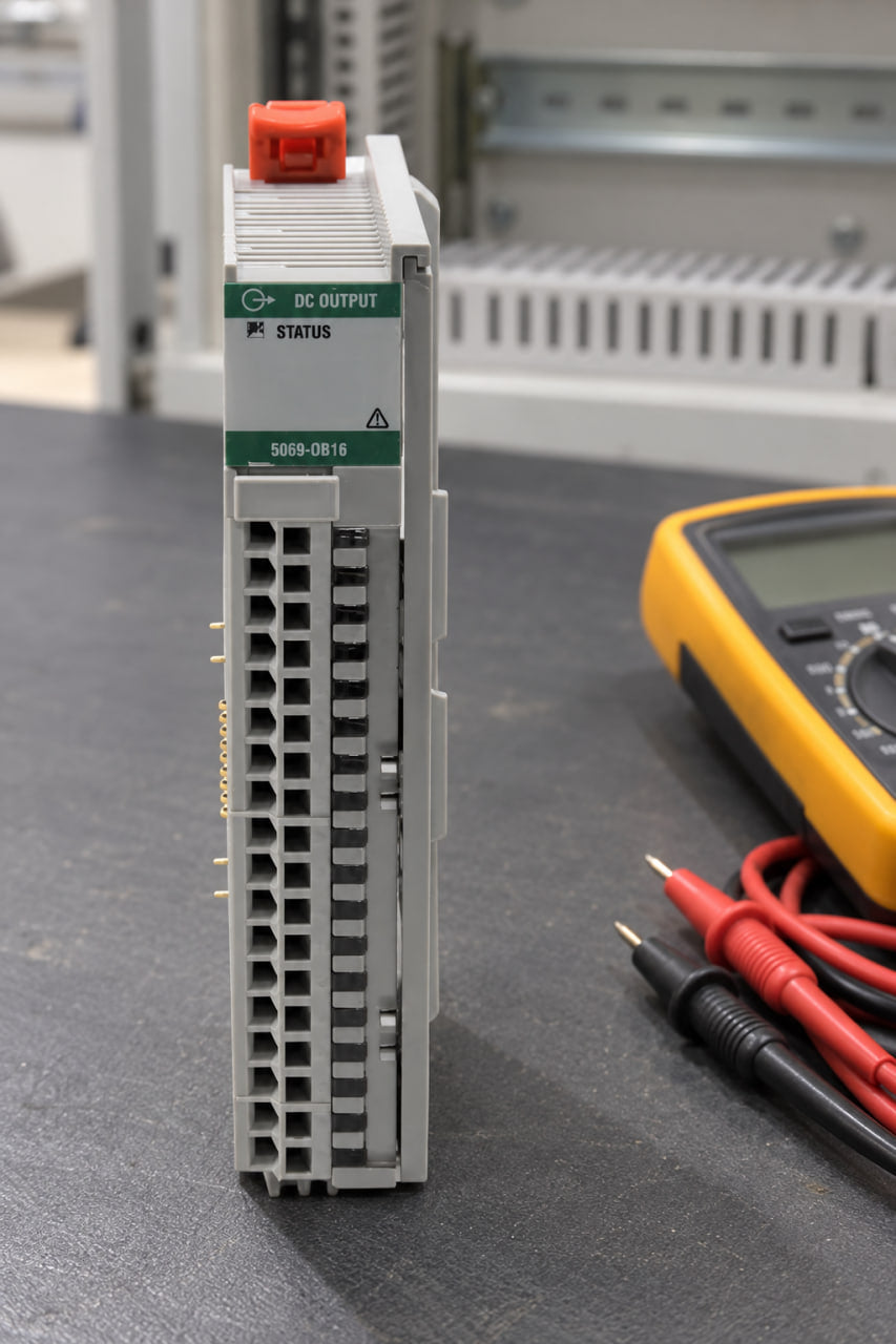 Allen-Bradley 5069-OB16 output module on a workbench next to a multimeter and test leads