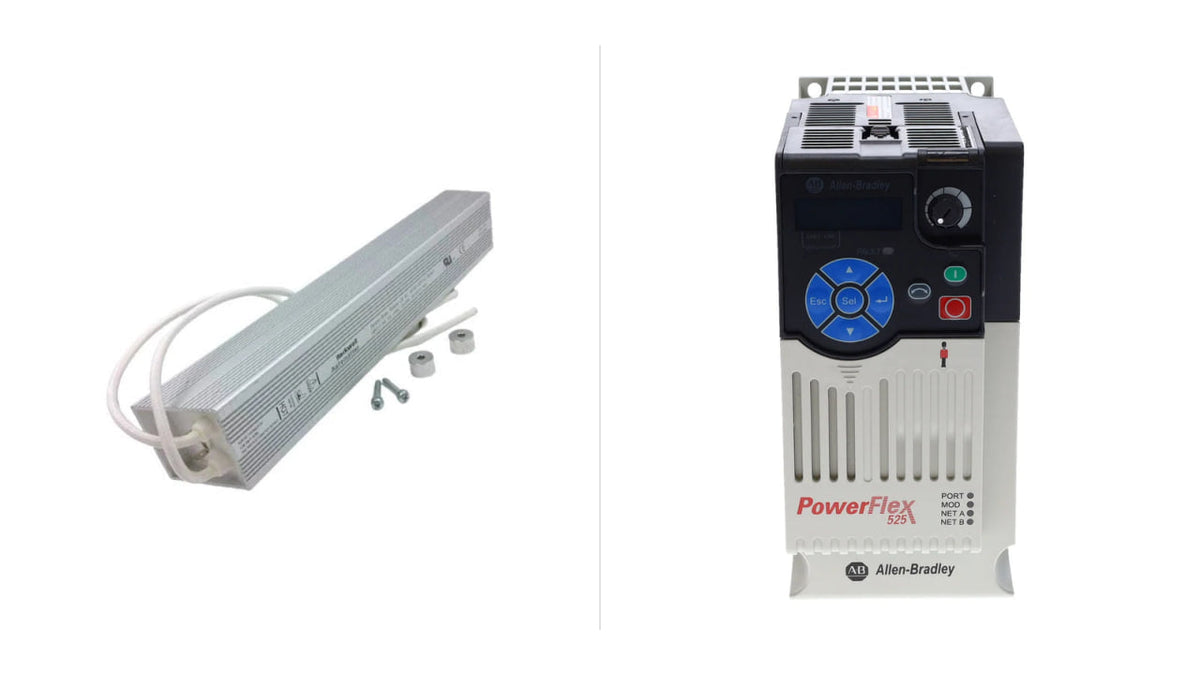 Allen-Bradley braking resistor with leads and mounting hardware beside a PowerFlex 525 drive