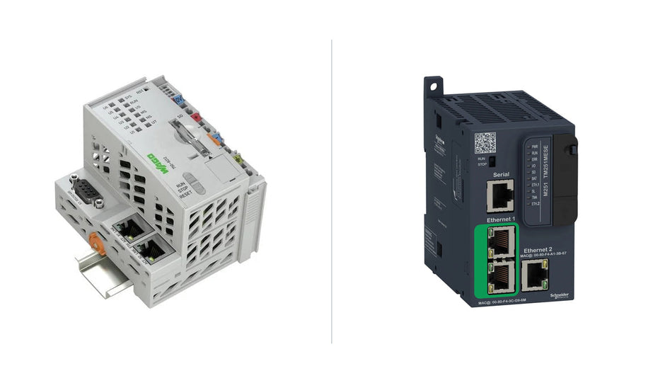 Two CODESYS PLC controllers side by side: WAGO PFC200 750-8212 and Schneider Modicon M251 TM251MESE