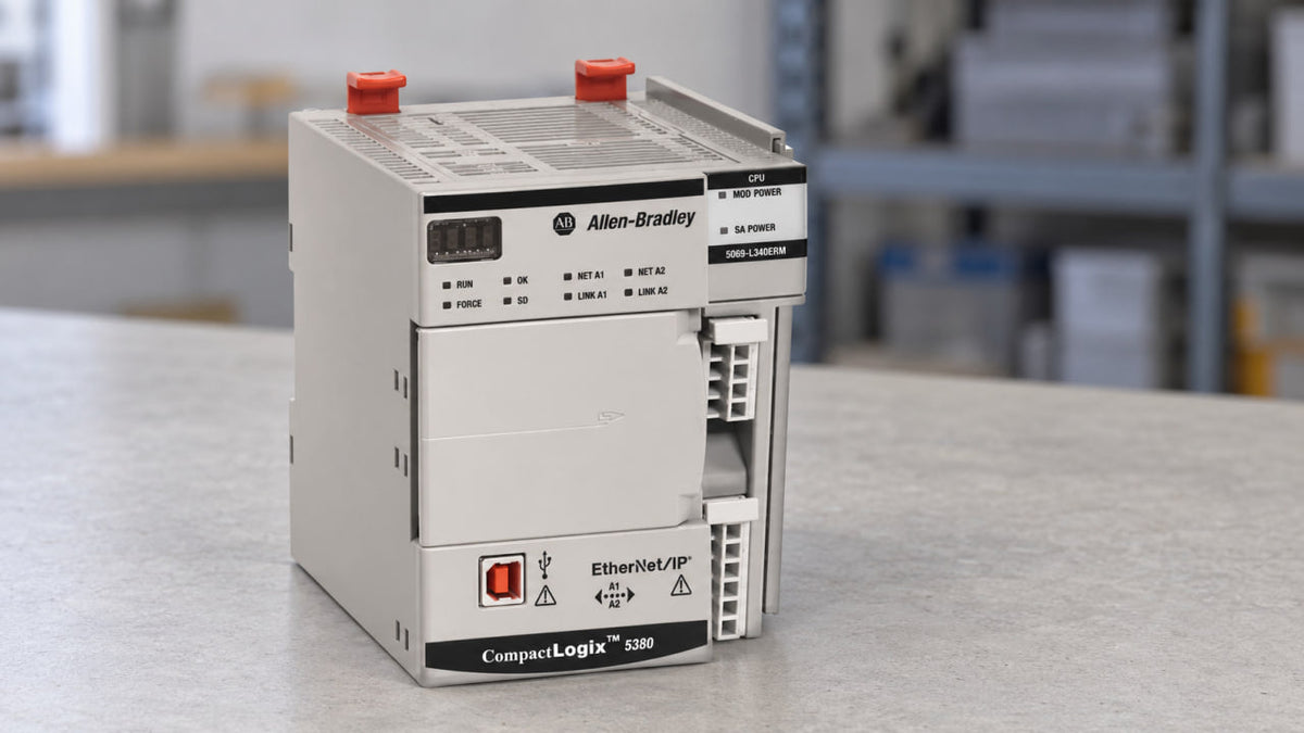 Allen-Bradley CompactLogix 5380 controller 5069-L340ERM standing on a workbench
