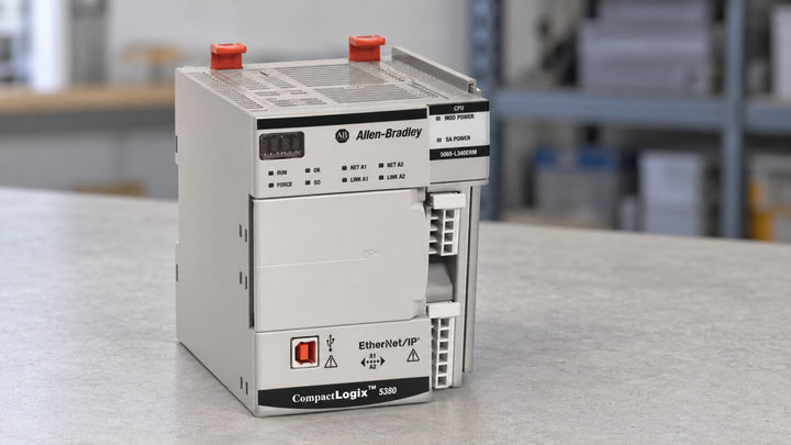 Allen-Bradley CompactLogix 5380 controller 5069-L340ERM standing on a workbench