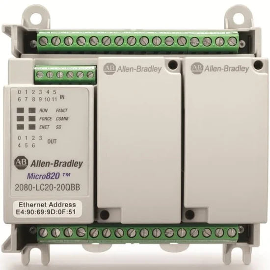 Allen-Bradley Micro820 PLC controller, front view showing terminal blocks and status indicator LEDs