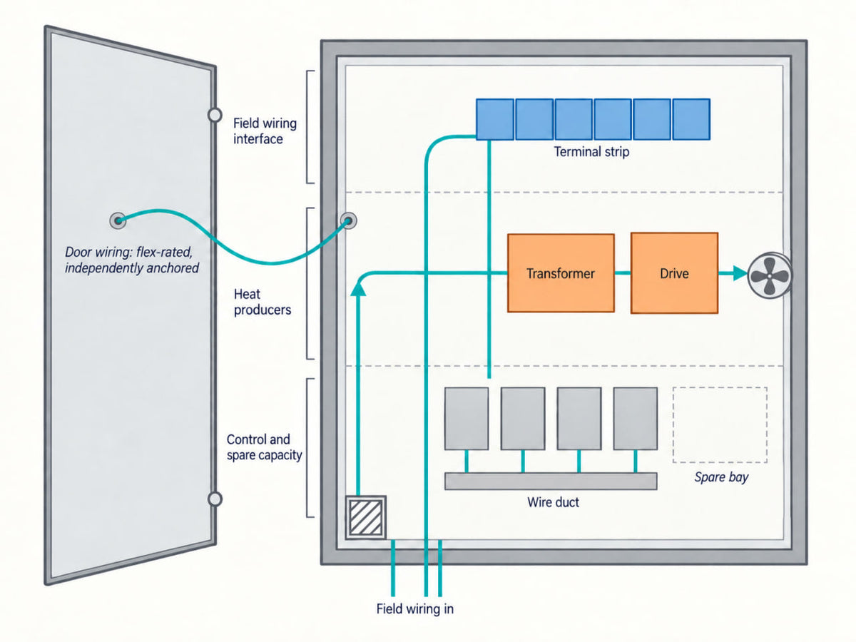 Control panel diagram showing field wiring, heat producers, and control zones stacked top to bottom