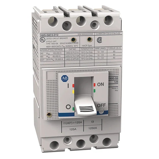 Allen-Bradley 140G-G6C3-D12 molded case circuit breaker, 125 A frame, 65 kA at 480V