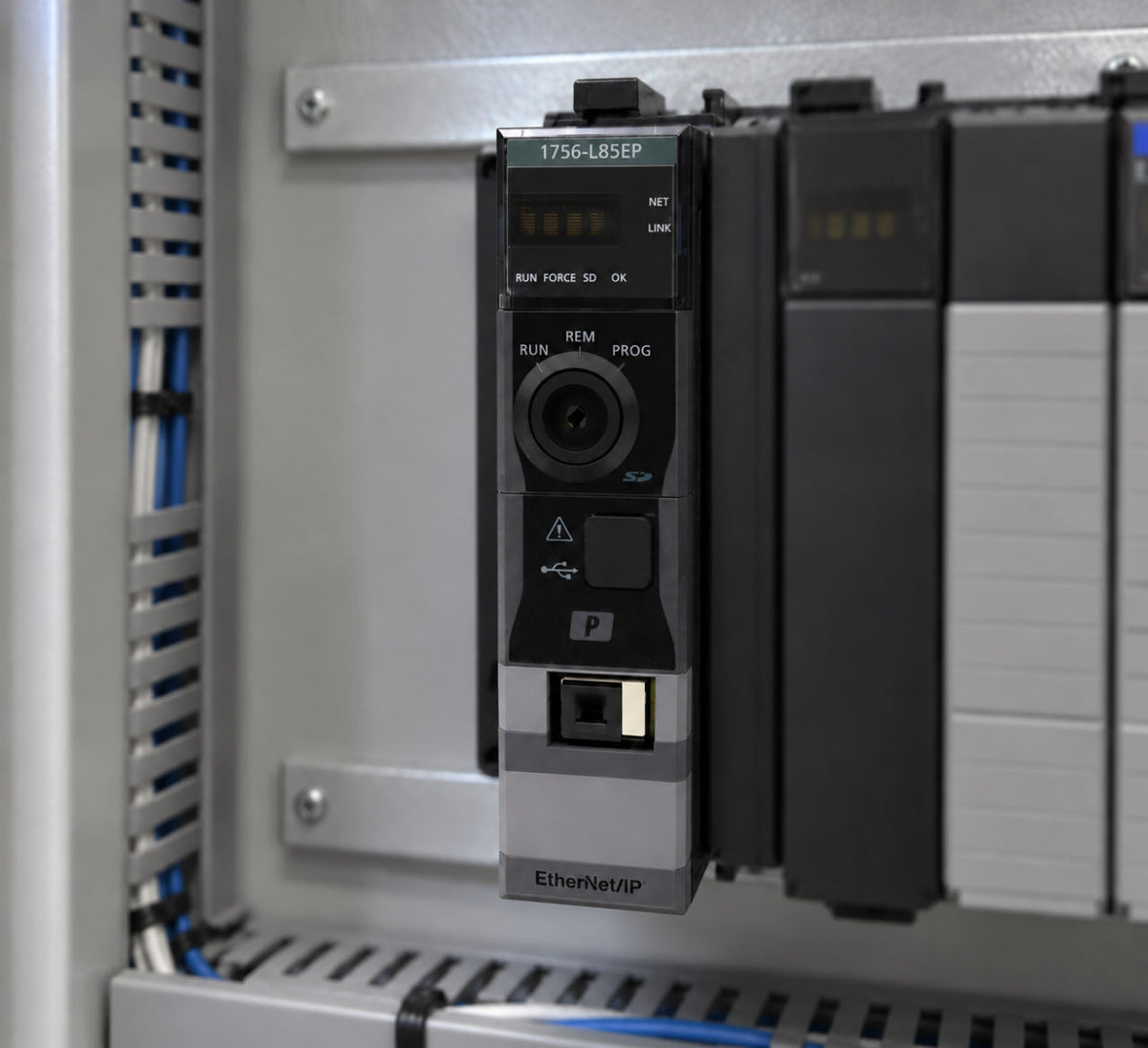 Allen-Bradley 1756-L85EP ControlLogix process controller mounted flush in an open 1756 chassis