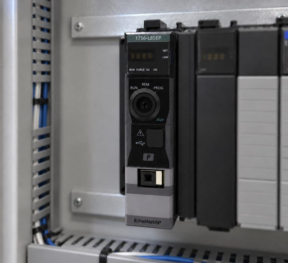 Allen-Bradley 1756-L85EP ControlLogix process controller mounted flush in an open 1756 chassis
