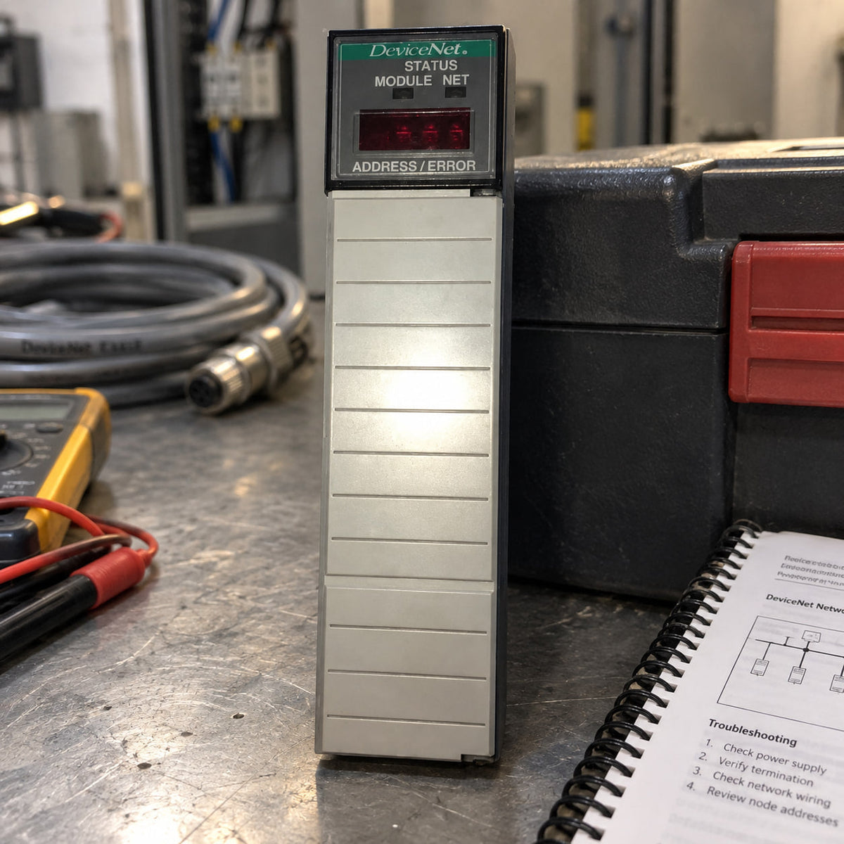 Allen-Bradley 1747-SDN DeviceNet scanner module on a workbench with a multimeter and cable