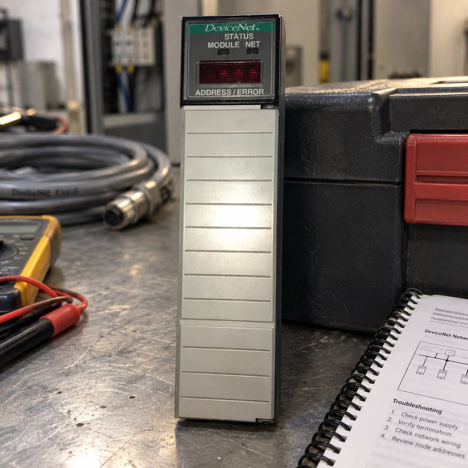 Allen-Bradley 1747-SDN DeviceNet scanner module on a workbench with a multimeter and cable
