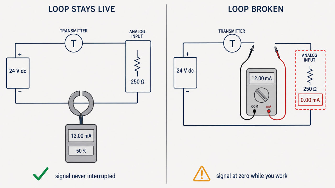 Diagram comparing a live 4-20 mA loop read by a clamp meter on the left against the same loop broken open by a multimeter wired in series on the right