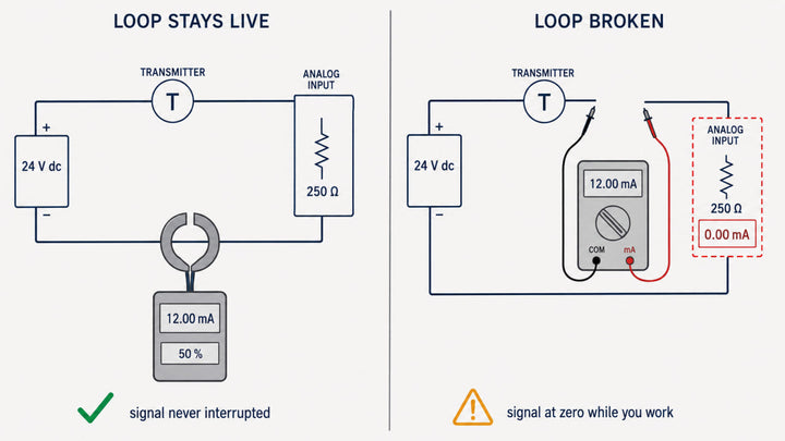 Diagram comparing a live 4-20 mA loop read by a clamp meter on the left against the same loop broken open by a multimeter wired in series on the right
