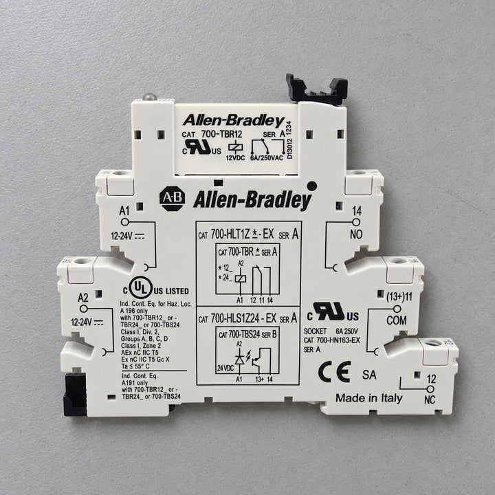 Allen-Bradley 700-HLT terminal block interposing relay with a plug-in relay on a gray background
