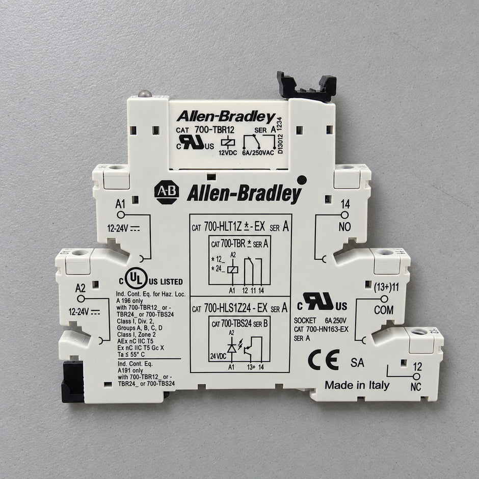 Allen-Bradley 700-HLT terminal block interposing relay with a plug-in relay on a gray background