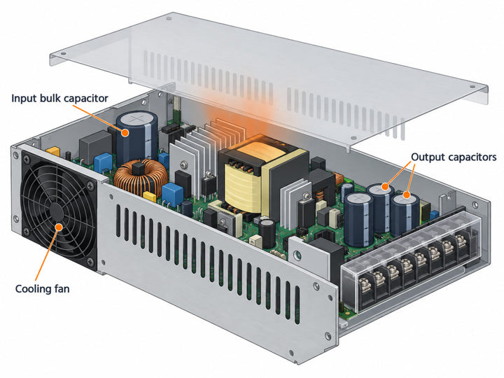 Cutaway diagram of a power supply's capacitors and fan, the two parts that wear out