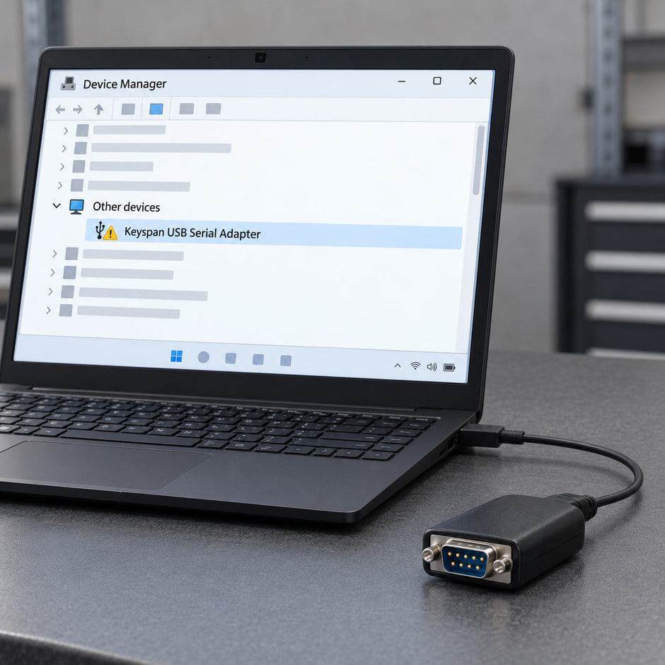 Keyspan USA-19HS driver error: yellow warning triangle in Windows Device Manager next to the plugged-in USB serial adapter