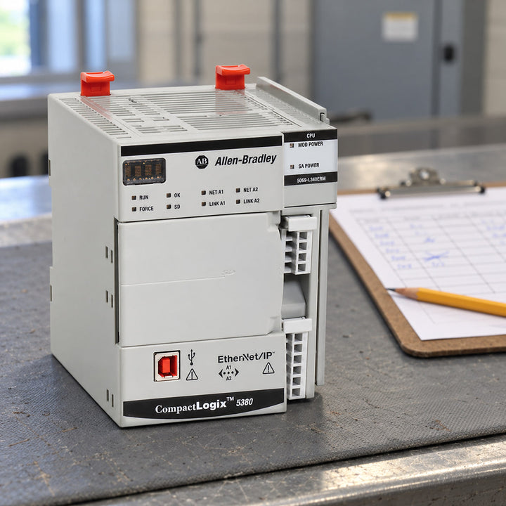 CompactLogix 5380 controller on a workbench beside a clipboard with a handwritten paper downtime log