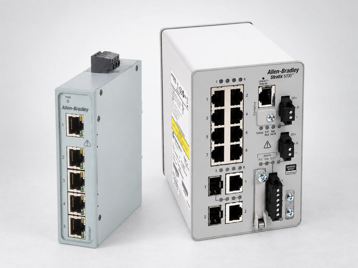 Allen-Bradley Stratix 2000 unmanaged switch and Stratix 5700 managed switch side by side, showing the port and faceplate difference between an unmanaged and a managed industrial Ethernet switch