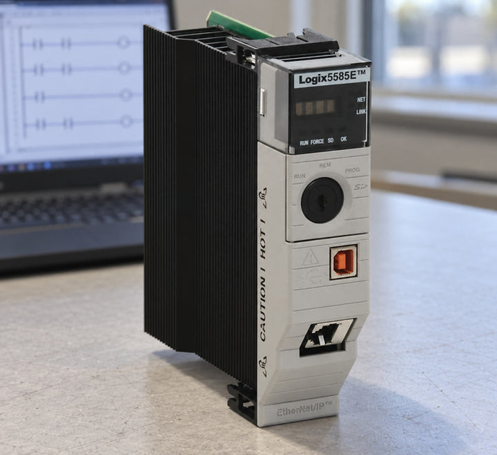 Allen-Bradley 1756-L85E ControlLogix 5585 controller on an engineering desk