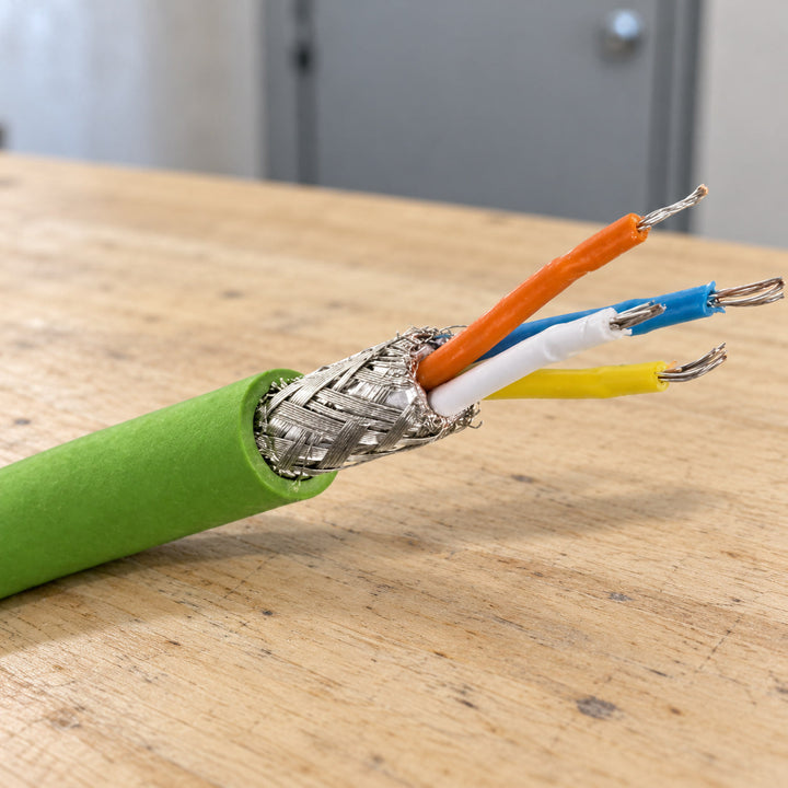 Green Siemens 6XV1870-2B Type B PROFINET cable stripped back to the braid and four colored cores