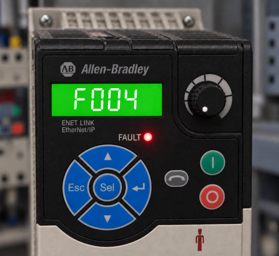 Close-up of an Allen-Bradley PowerFlex 525 keypad and display showing fault code F004