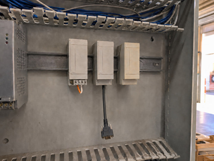 Twisted pair landed on a terminal block next to a hanging D-sub connector