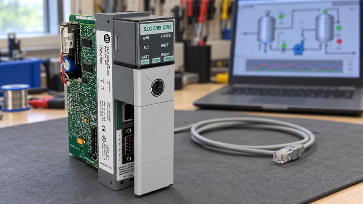 Allen-Bradley 1747-L552 SLC 5/05 processor beside a laptop running SCADA software