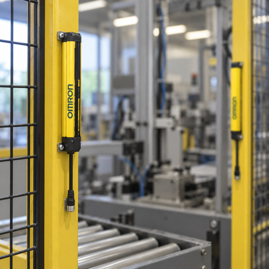 Omron safety light curtain mounted on a machine guard gate in a factory cell