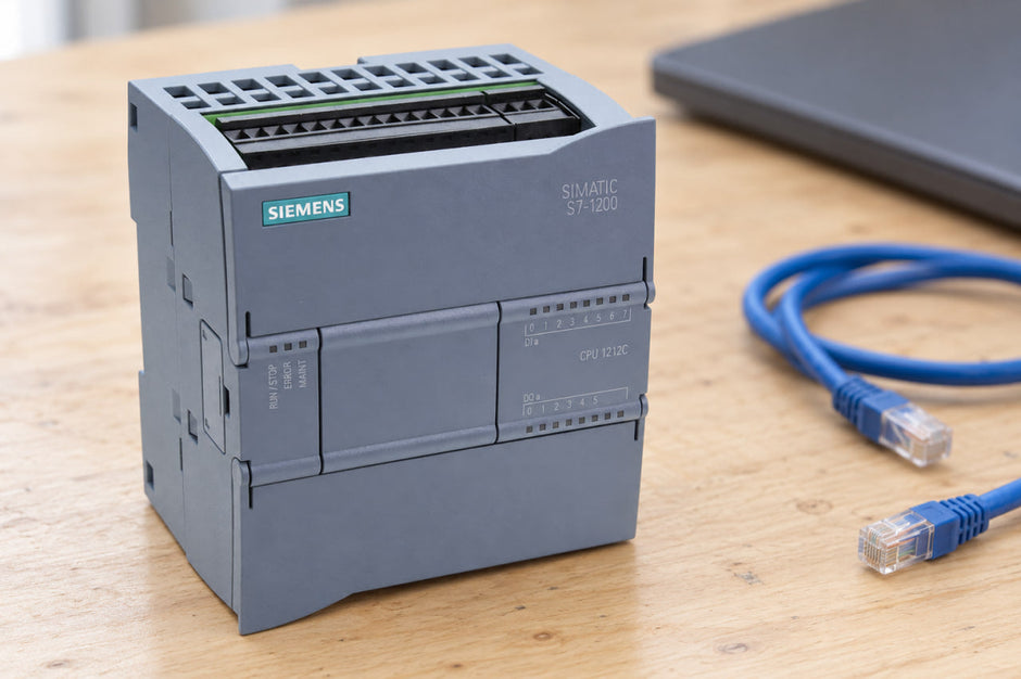 Siemens S7-1200 CPU 1212C on a workbench beside a laptop and a blue Ethernet cable, ready for Siemens PLC software