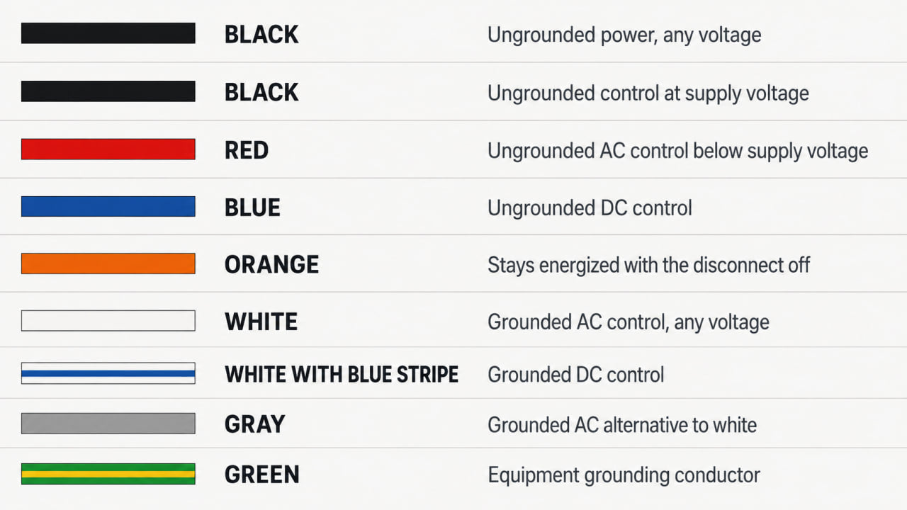 Panel wire color chart showing UL 508A control and power circuit conductor colors