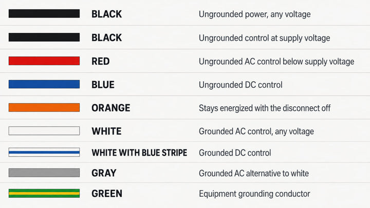 Panel wire color chart showing UL 508A control and power circuit conductor colors