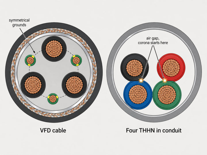 Cross-section comparison of VFD cable versus four THHN conductors in conduit