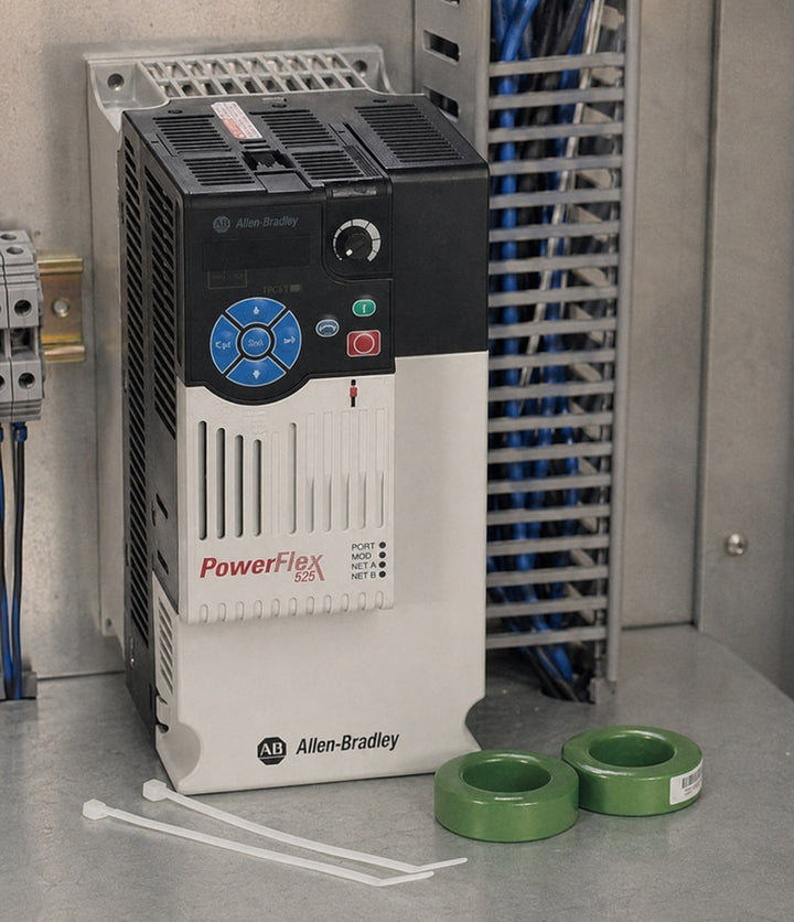 Allen-Bradley PowerFlex 525 drive in an open control cabinet beside a wire duct, with two ferrite cores on the shelf