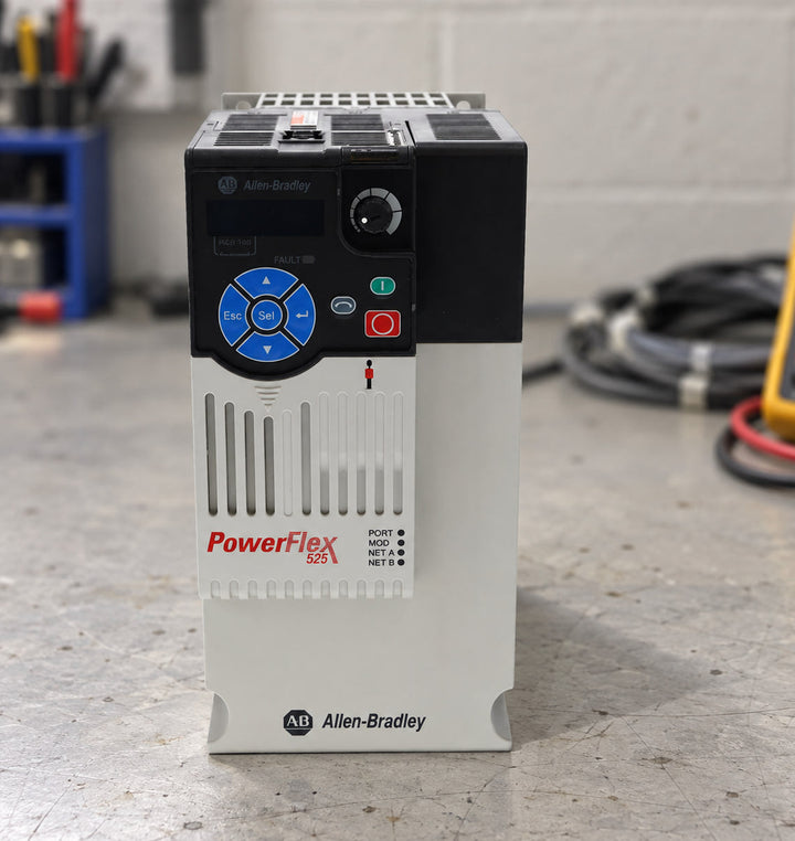 Allen-Bradley PowerFlex 525 variable frequency drive standing upright on a workbench, not yet installed