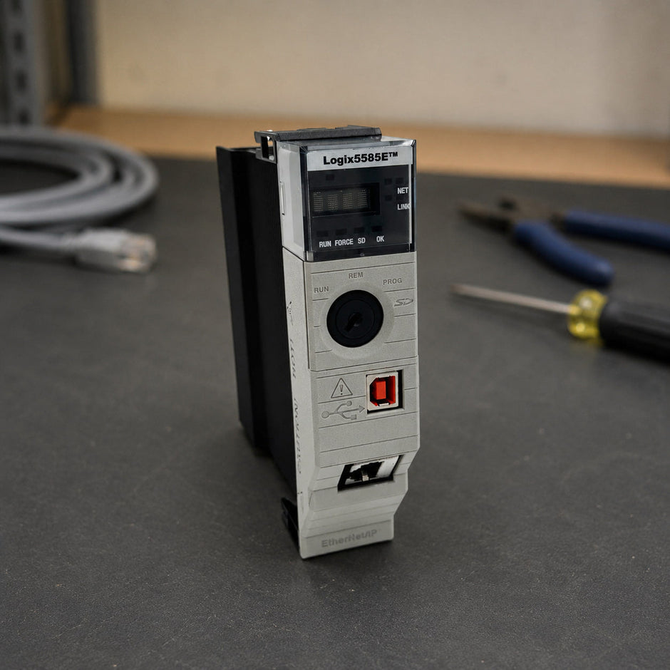 Allen-Bradley 1756-L85E ControlLogix 5580 controller standing on a panel builder's bench with a patch cable and tools