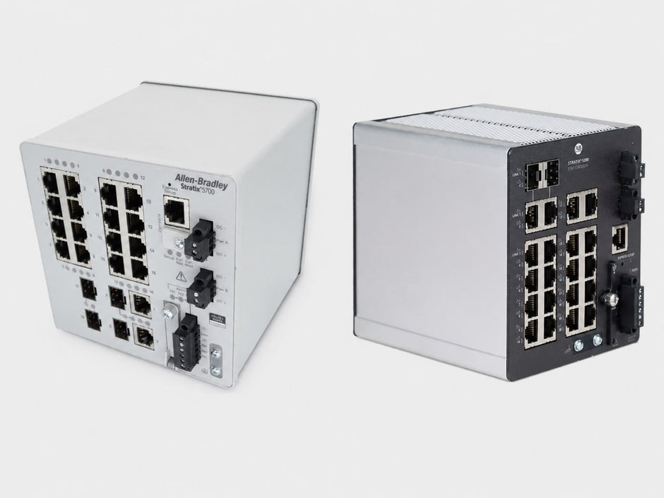 Allen-Bradley Stratix 5700 switch next to a Stratix 5200 switch