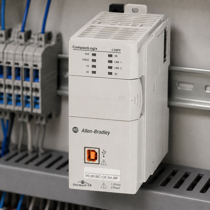 Allen-Bradley 1769-L33ER CompactLogix controller mounted on DIN rail in a control panel