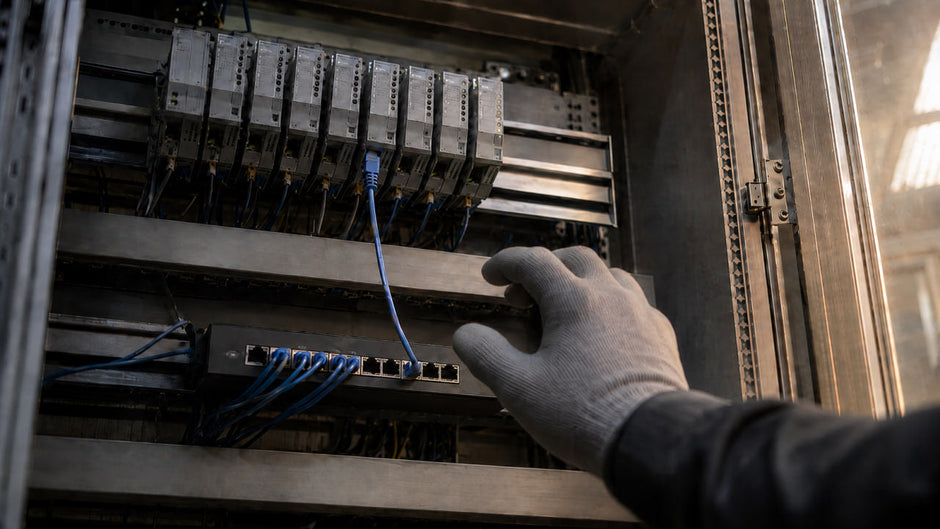 Technician connecting an Ethernet patch cable in a control panel