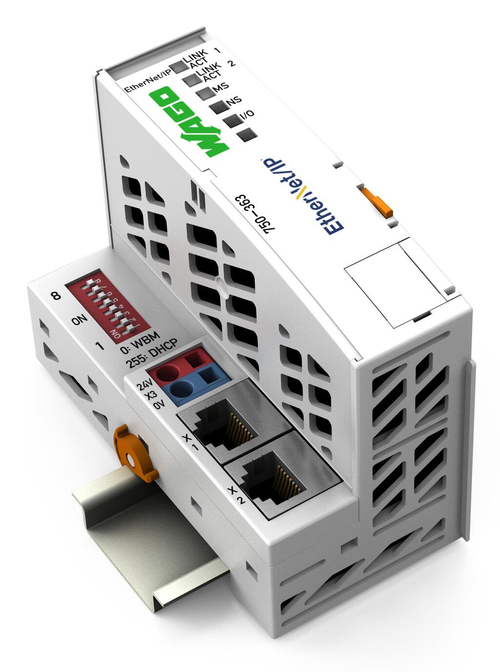 750-363 | Wago EtherNet/IP Fieldbus Coupler, 64 I/O, DIN Rail Mount