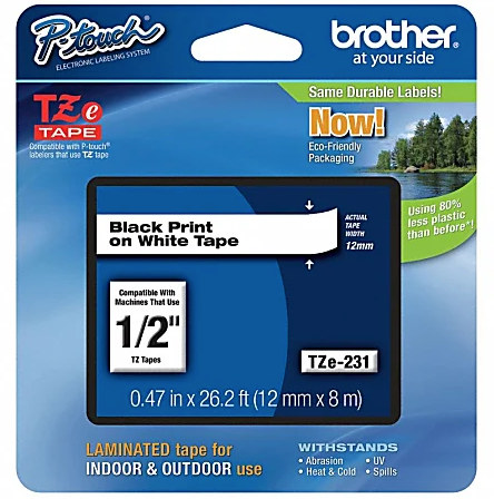 TZE-231S | Brother Continuous Label Roll Cartridge: 1/2 in x 26 13/64 ft, PET, Indoor/Outdoor, Adhesive