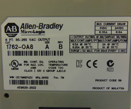 1762-OA8 | Allen-Bradley MicroLogix 8-Point 120/240V AC Digital Output Module