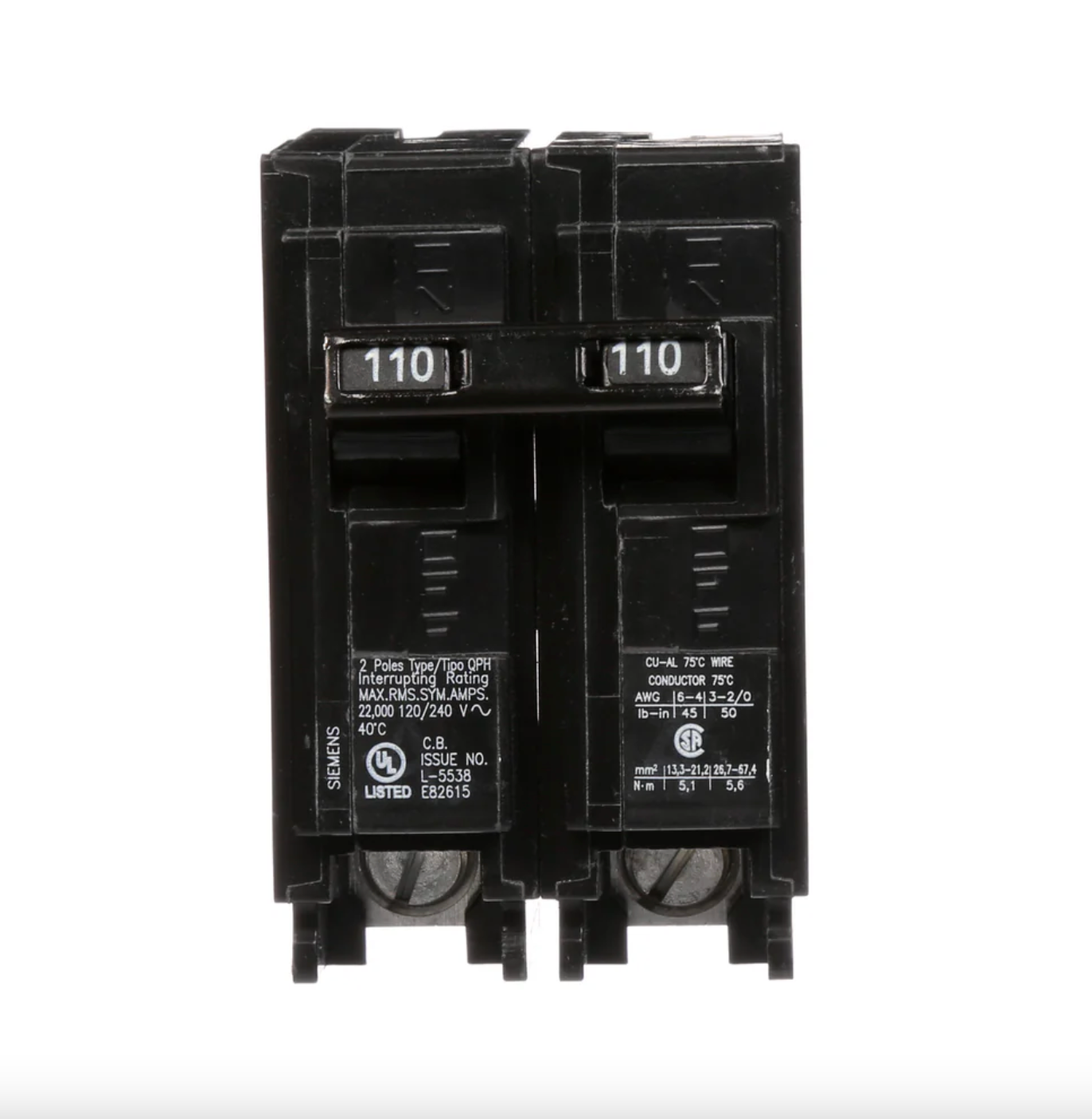Q2110H | Siemens 110A 2-Pole 240V Thermal Magnetic Molded Case Circuit Breaker