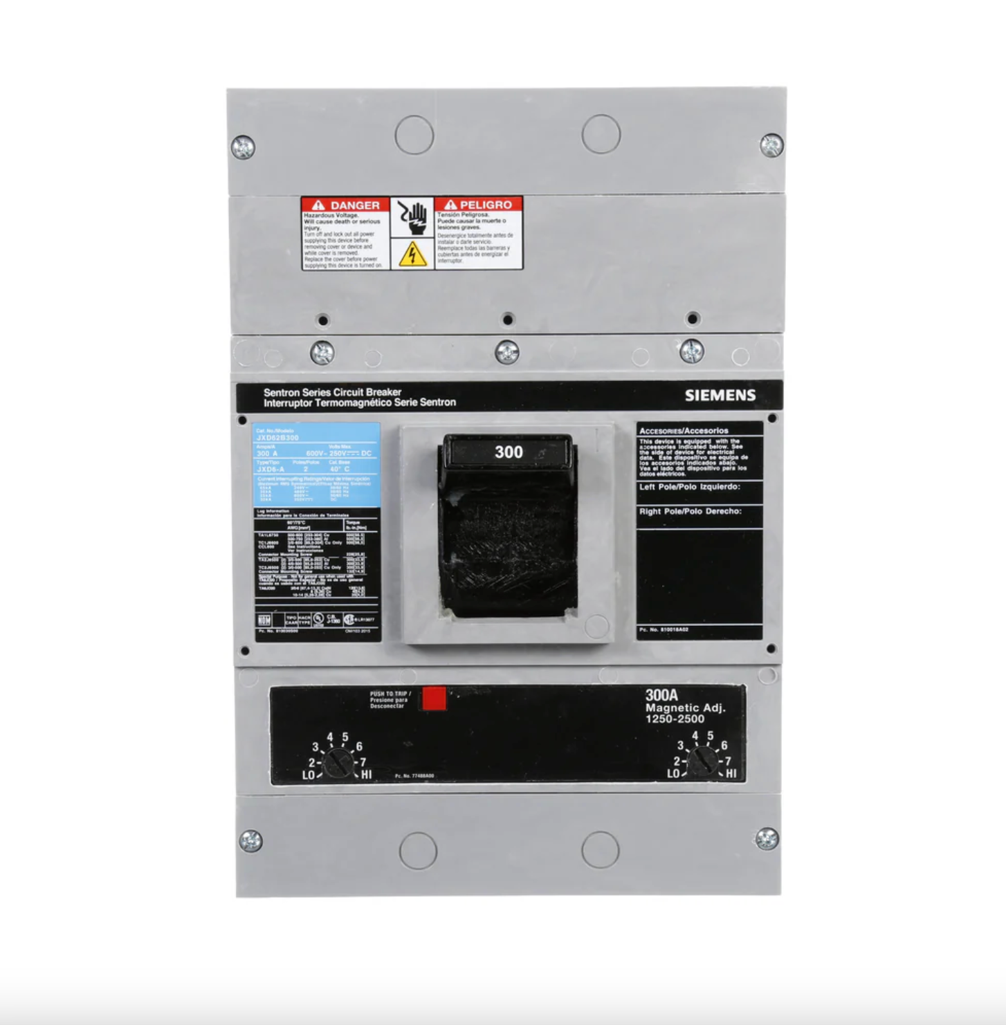 JXD62B300 | Siemens 300A 2-Pole 600VAC Sentron Molded Case Circuit Breaker