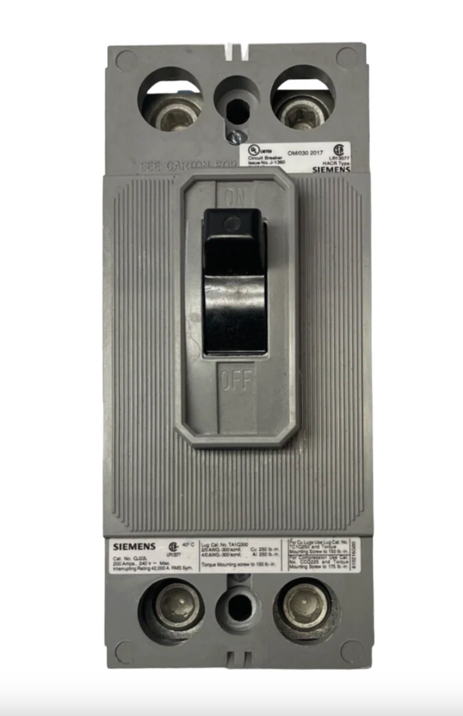 QJ22B225 | Siemens QJ2 Frame 225A 2-Pole Molded Case Circuit Breaker, 240V