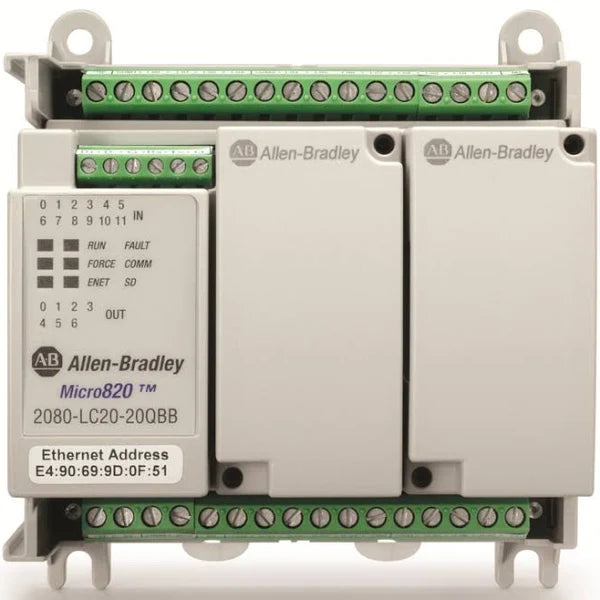 2080-LC20-20QBBR | Allen-Bradley Micro820 Controller, 12-In/8-Out, DC Power